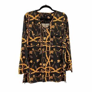 Max Sport Womens Blouse Black Gold Jewelery Stretch Chain Lace Up Pocket Med New